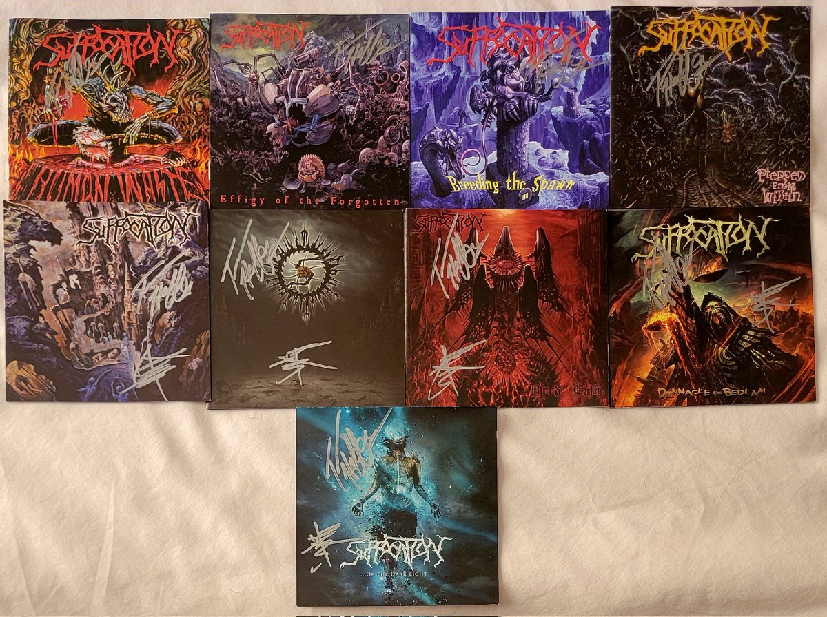 Suffocation CD booklets signed by Terrance Hobbs and Derek Boyer.

#suffocation #suffocationband #effigyoftheforgotten #piercedfromwithin #deathmetal #deathmetalband #metalonvinyl #signedmetalcds #deathmetalcd #deathmetalcdcollection #metalcollector 
 #metalcollection #nowplaying