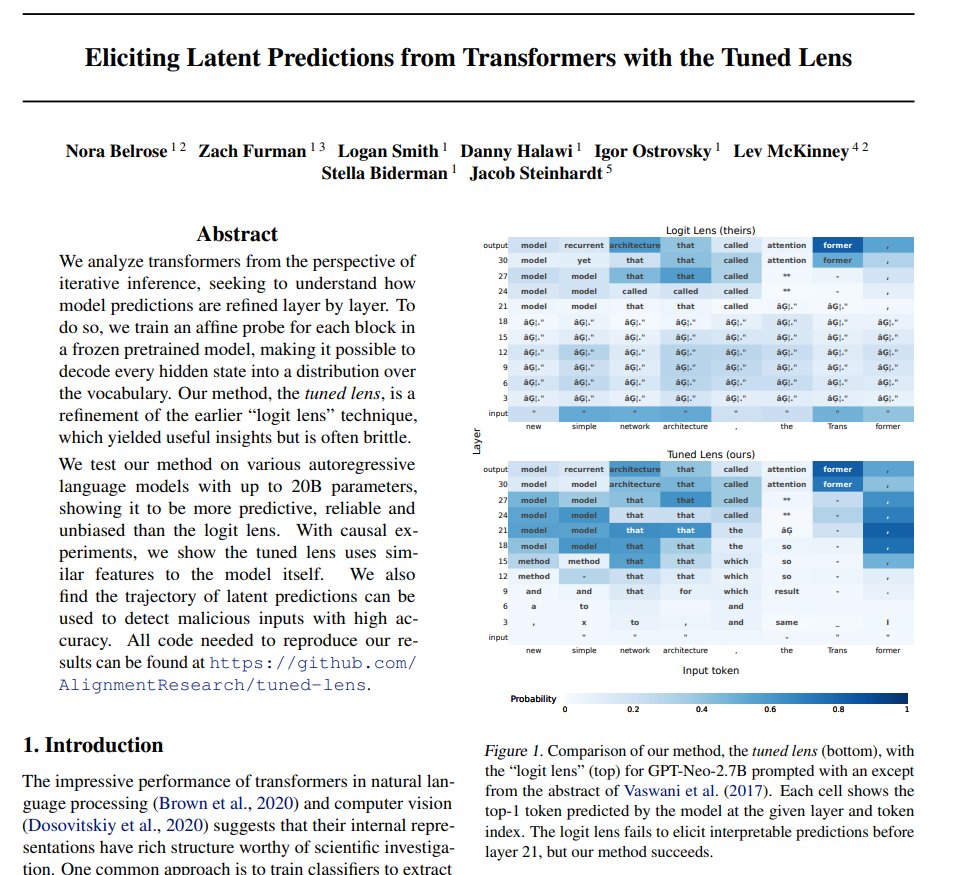 Eliciting Latent Predictions from Transformers with the Tuned Lens

Analyzes transformers from the perspective of iterative inference, seeking to understand how model predictions are refined layer by layer.

repo: github.com/AlignmentResea…
abs: arxiv.org/abs/2303.08112