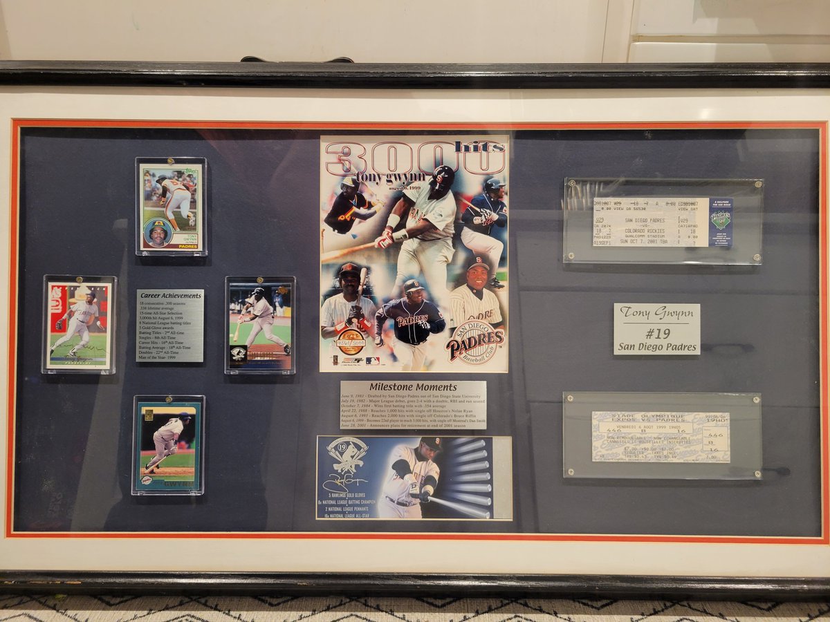 Any Tony Gwynn fans out there? Youll appreciate this that I pulled out of the basement storage to find a place to display it. My parents made this as a gift many years ago! 3,000th game ticket! @Padres #padres #SanDiegoPadres #PadresST #tonygwynn #memorabilia #baseballmemorabilia