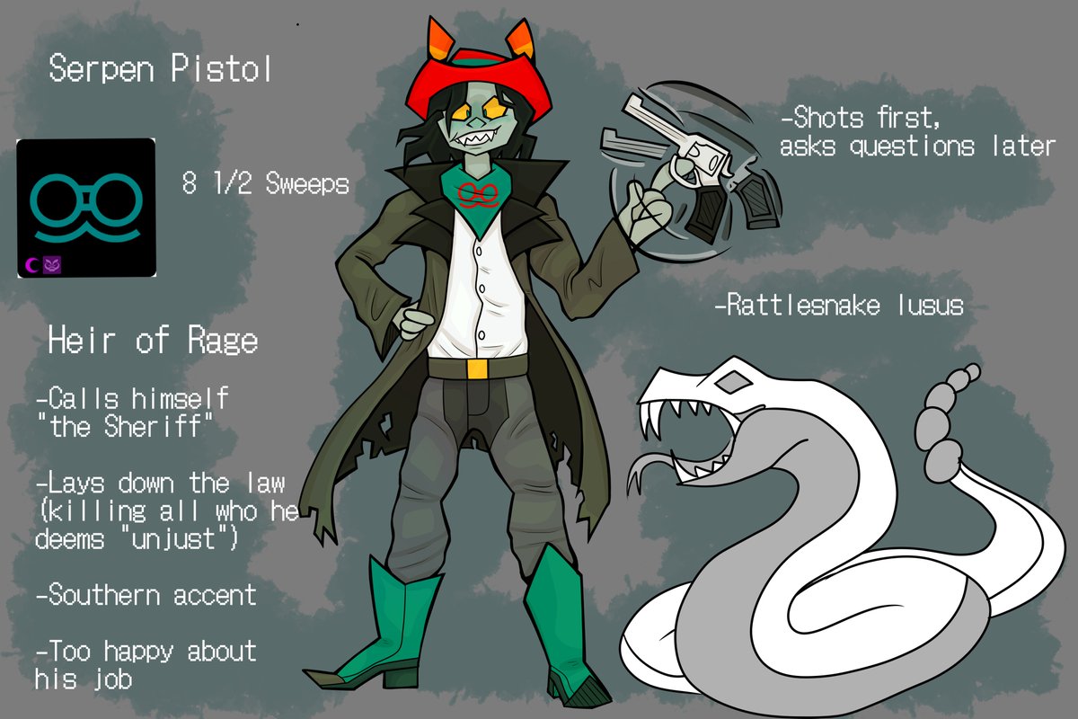 dungeonstuck's tweet photo. The Sheriff is here now lol. Here's Serpen :) I pick favorites, and he's my favorite

Again, pardon the bad lusus art. I need motivation in order to draw animals, and today just ain't it lol

#homestuck #hom3stuck #fantroll https://t.co/Ab4ddpbYze