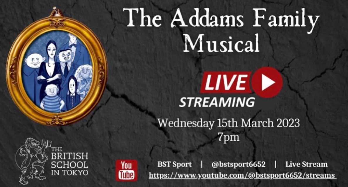 BST Sport (@bst_sport) on Twitter photo We are taking a break from our sports coverage tonight to watch the school musical production of “The Addams Family”. We are really looking forward to the show and will be streaming it live on our YouTube channel for you to watch at home from 7pm. <a href="/BST_Tokyo/">The British School in Tokyo</a> We are taking a break from our sports coverage tonight to watch the school musical production of “The Addams Family”. We are really looking forward to the show and will be streaming it live on our YouTube channel for you to watch at home from 7pm. <a href="/BST_Tokyo/">The British School in Tokyo</a>