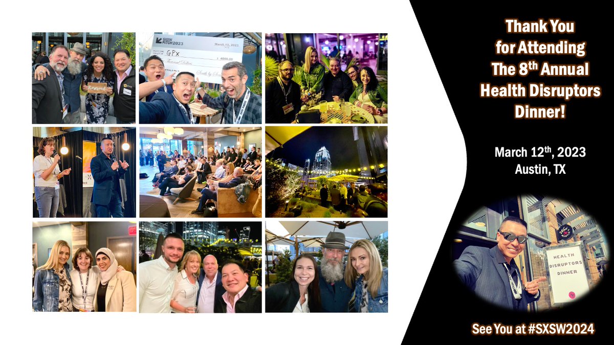 Thanks to everyone who was able to attend the #HealthDisruptors Dinner this past weekend at #SXSW2023. It was great to see so many familiar faces and meet some new ones. And BIG THANK YOU to the event sponsors: @StartupColors and @HeyCurrent !