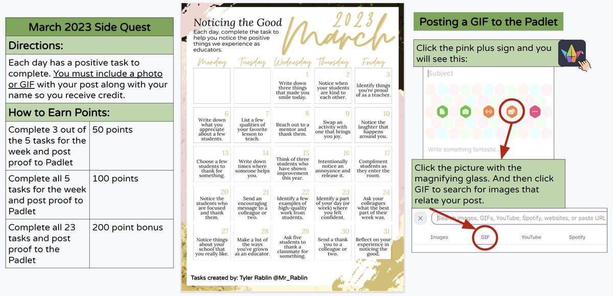 StefaniePitzer's tweet photo. Our Noticing the Good Side quest entered week 3 & has been such an uplifting part to my day. It brought something fresh to our gamified PD too. ๐ฅณ Thank you @Mr_Rablin for these tasks! #XPLAP #momsasprincipals #iledchat #ideail #LWRockets #Pitzer2a #Pitzer3c #PrincipalOfficeHours https://t.co/CS8edCC58L