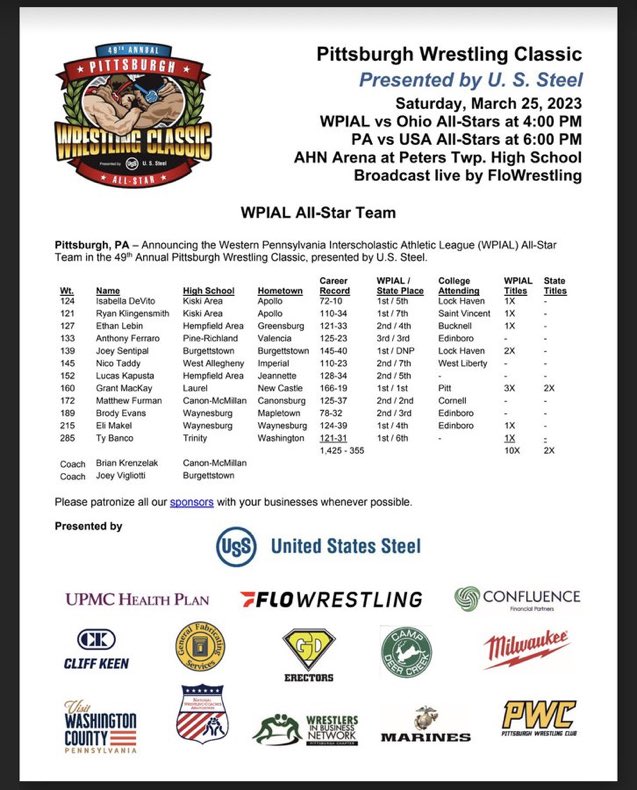 Congratulations to <a href="/LebinEthan/">ethan lebin</a> and <a href="/KapustaLucas/">Lucas Kapusta</a> for being selected to represent the WPIAL Team in the Pittsburgh Wrestling Classic!