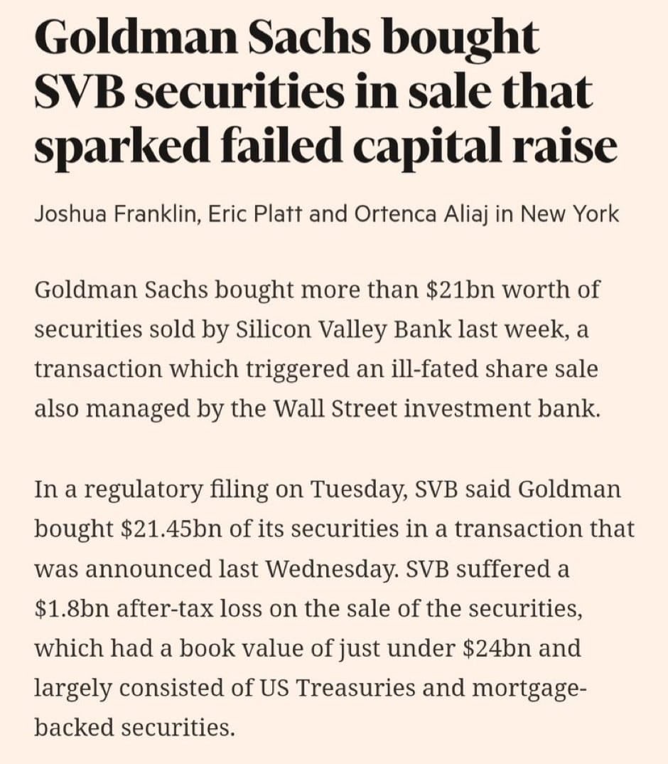 BREAKING: Goldman Sachs was the buyer of the $21 billion portfolio Silicon Valley Bank sold at a loss, which started SVB's collapse