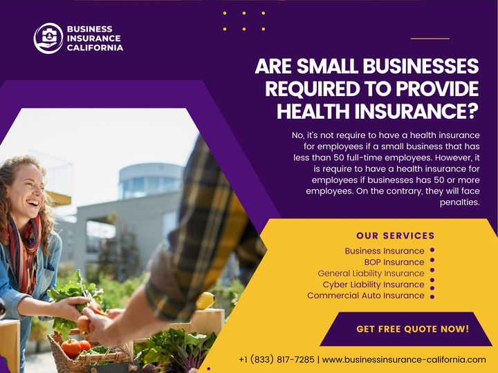 Small businesses are not generally required by law to provide health insurance for their employees.  Contact us at 833-817-7285 or visit our website at businessinsurance-california.com to know more.

#BusinessInsurance
#SmallBusinessInsurance
#BusinessInsuranceCalifornia