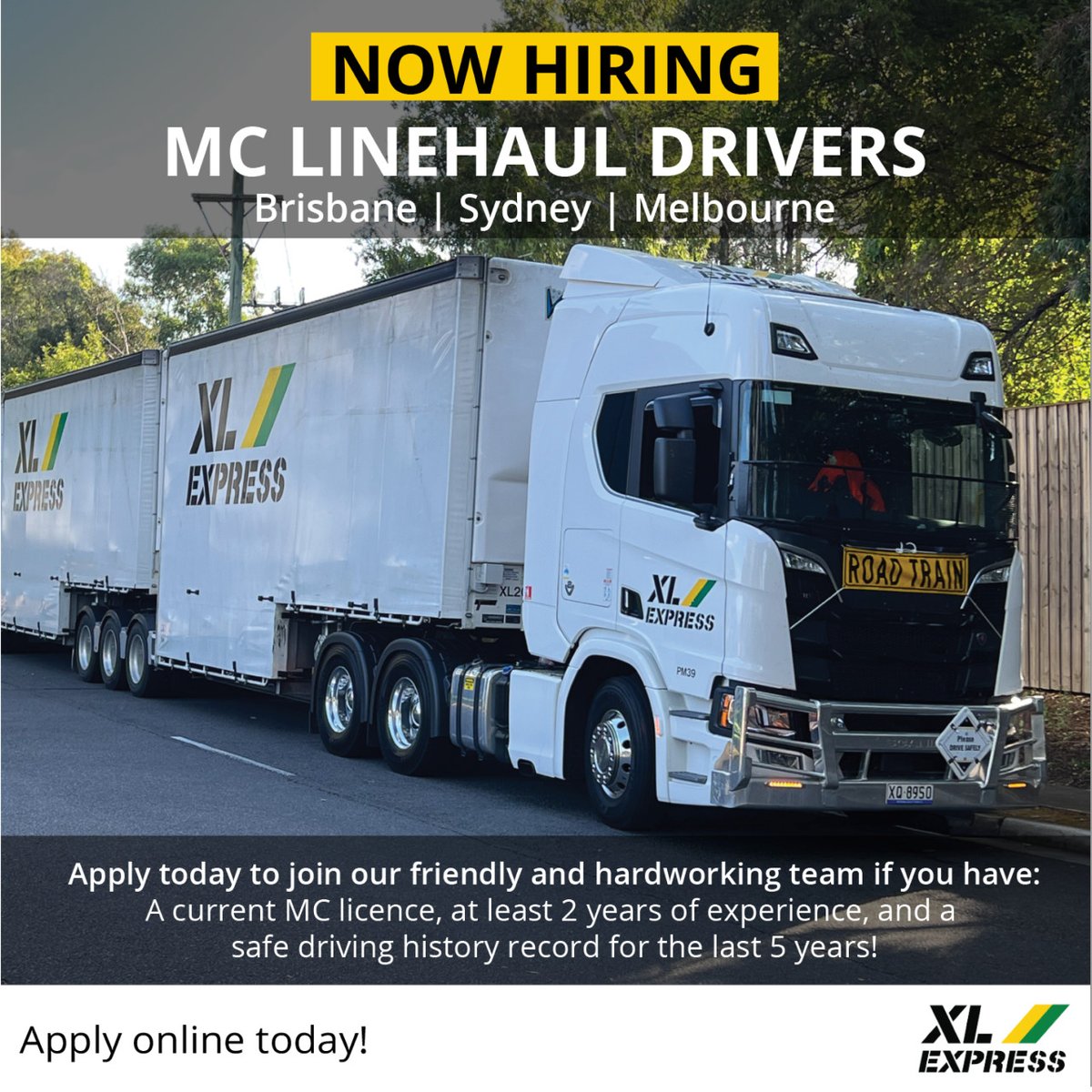 We're hiring MC Interstate Linehaul Drivers for Melbourne, Sydney, and Brisbane! Explore roles and apply today at xlexpress.com.au/careers/

A current MC licence, BFM, safe driving history, &amp; Road-Train Experience or willingness to be trained are key to your success in this role.