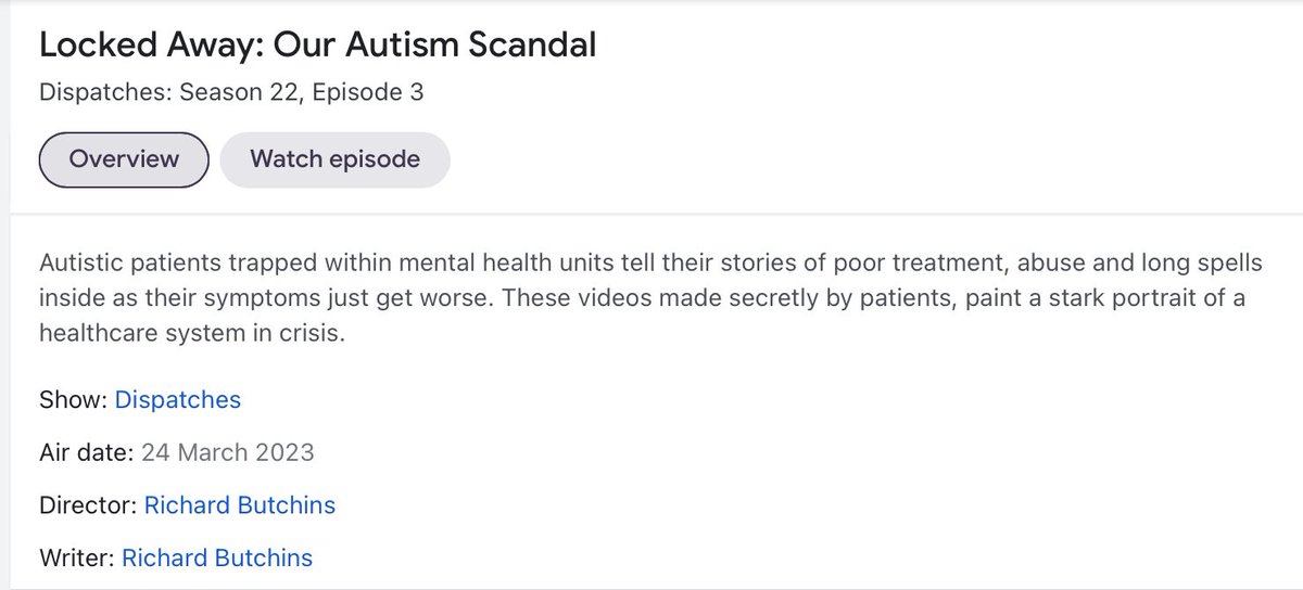 The next Channel 4 Dispatches documentary will show that the inpatient scandal continues. Titled ‘Locked Away: Our Autism Scandal, it airs on 24th March and is directed by <a href="/richardbutchins/">Richard Butchins</a>