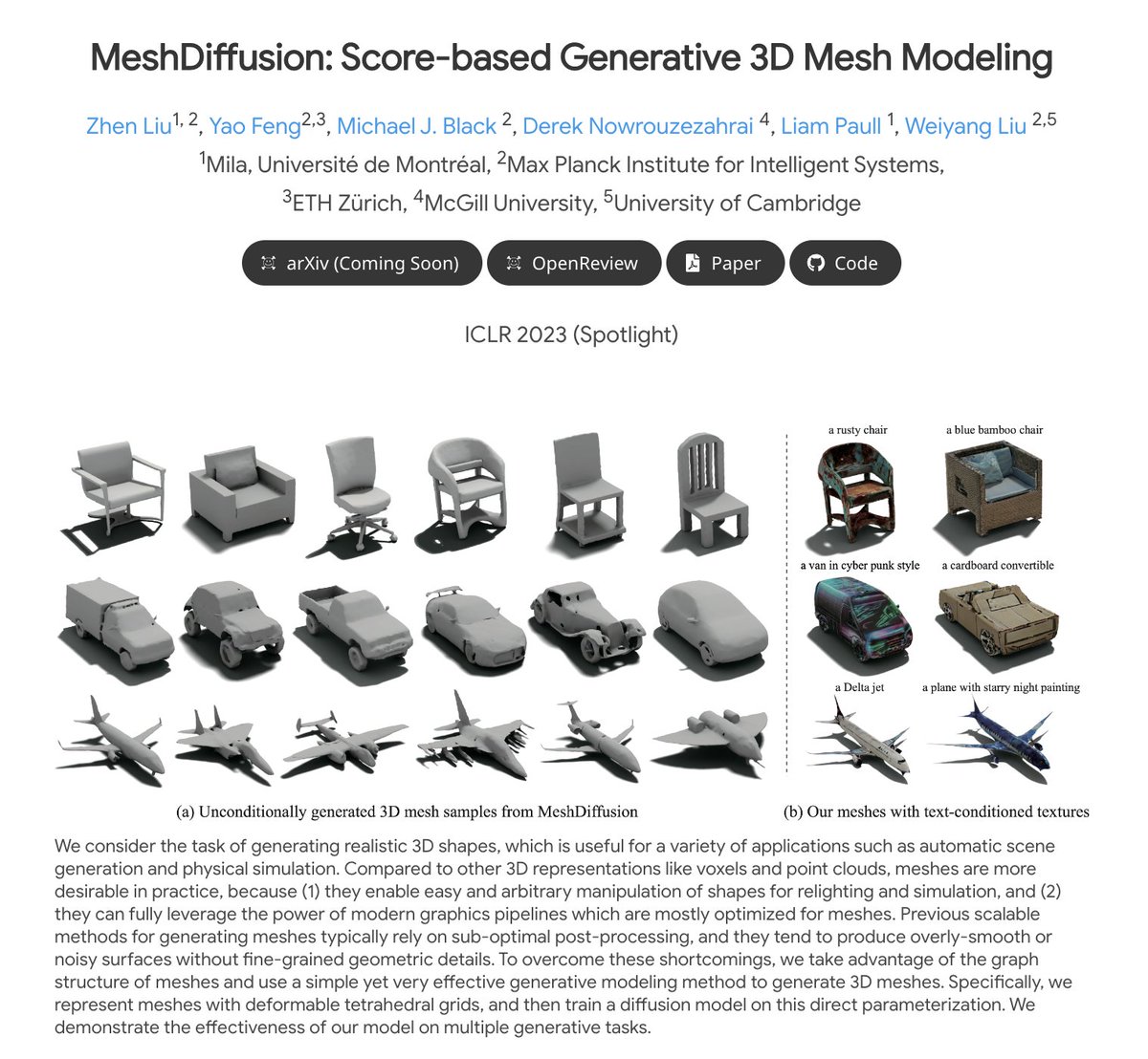 _akhaliq's tweet image. MeshDiffusion: Score-based Generative 3D Mesh Modeling

abs: arxiv.org/abs/2303.08133 
project page: meshdiffusion.github.io