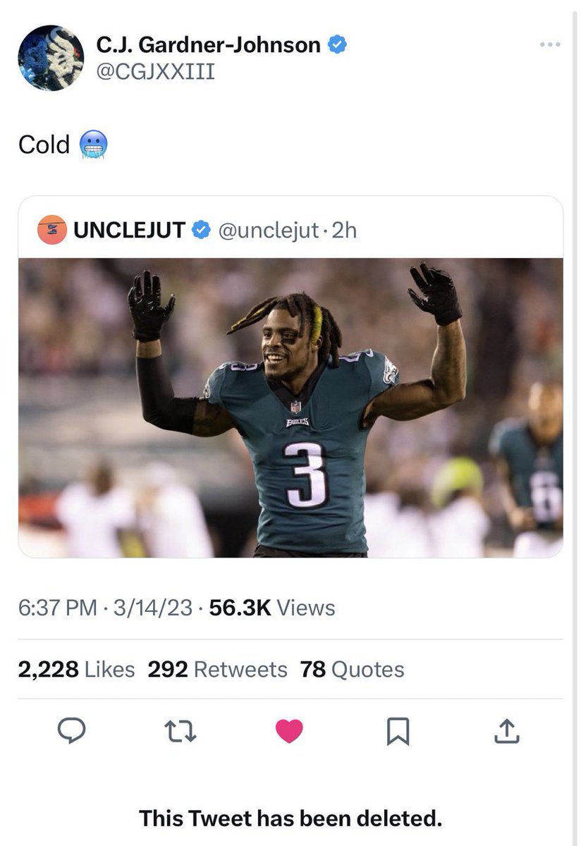 PHLEaglesNation's tweet photo. CJ Gardner-Johnson deleted his RT on the edit of him in an Eagles #3 jersey.. but the Bengals one is still up. 😬 https://t.co/TkvoZODSeq
