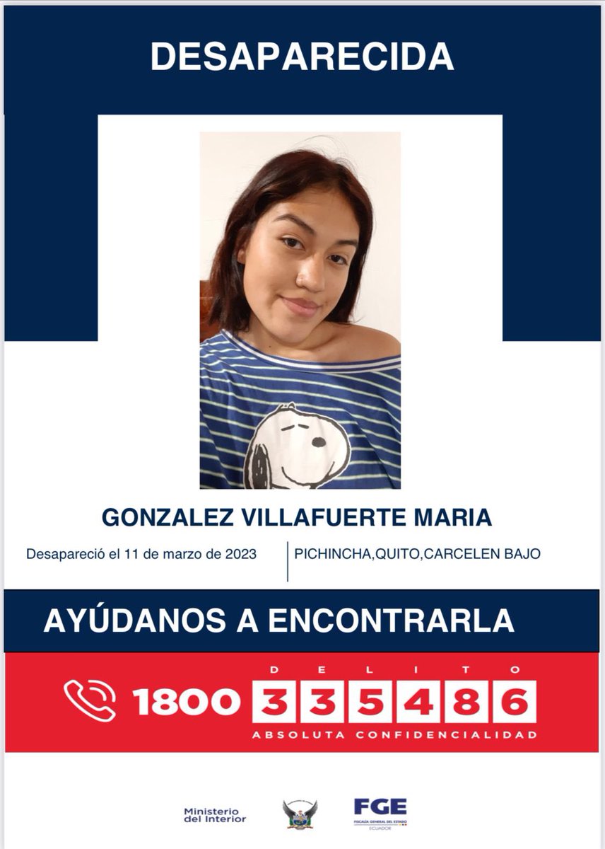PoliciaEcuador's tweet photo. AYÚDANOS A ENCONTRALA

María González Villafuerte, está reportada desaparecida desde el 11 de marzo de 2023, fue vista por última vez en el sector de Carcelén Bajo #UIO. 

📞 Si tienes información comunícate al 1800 DELITO (335486). 

#TrabajamosPorTuSeguridad https://t.co/g00rEUrowa