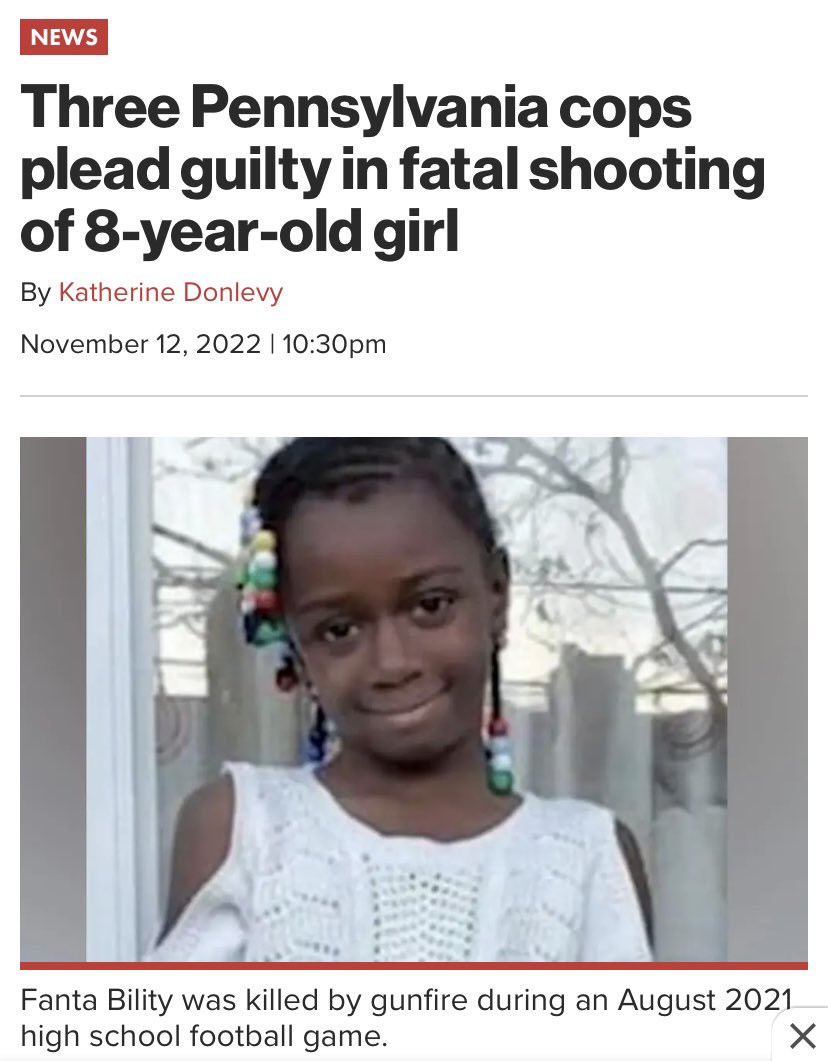 CoCoIntelPro1's tweet photo. CW: Police Víolence
3 PA pigs pled guilty to reckless endangerment and the State dropped their charges of manslaughter.
Misdemeanor for Police killing an 8 yo Child?
And they tried to charge the teens with First Degree Murder
This is not Justice or Accountability. #FantaBility https://t.co/40R8BaSMVu