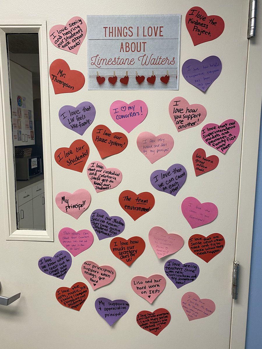 What started as a way I was going to share out the love for my building, turned into a staff wide event. 🤩 It was so fun to see this teacher lounge door grow throughout the month of February! 💙 #momsasprincipals #PrincipalOfficeHours #LWRockets #Pitzer2a #principalsinaction