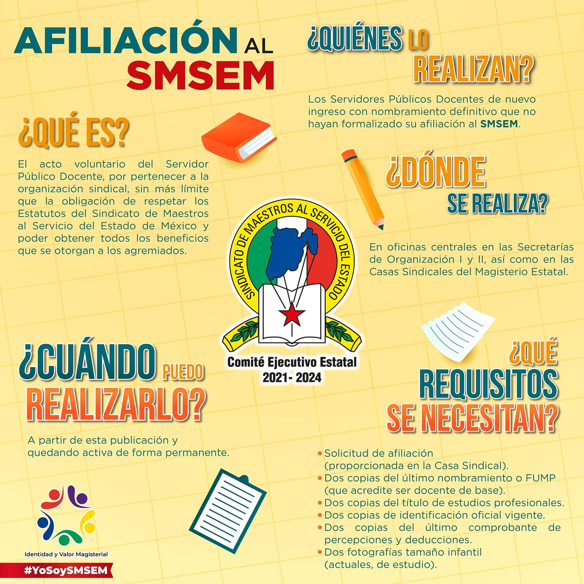 SMSEMmx's tweet photo. #AfiliaciónSMSEM| Compañera y compañero docente de nuevo ingreso, el Sindicato de Maestros al Servicio del Estado de México desea que seas acreedor a los beneficios que tiene para todos sus agremiados; por ello, te invita a afiliarte a esta Organización y formar parte de los más de 105 mil profesores que integran nuestro Sindicato.

Revisa el flyer informativo, acude a la Casa Sindical de tu región y forma parte de este gran equipo.

#YoSoySMSEM
https://t.co/CwcSFDD9i2