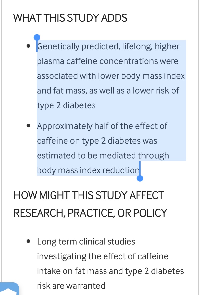 Appraisal of the causal effect of plasma caffeine on adiposity, type 2 diabetes, and cardiovascular disease: two sample mendelian randomisation study

🔑“Higher plasma caffeine concentrations might reduce adiposity & risk of type 2 diabetes”

bmjmedicine.bmj.com/content/2/1/1

@BMJMedicine
