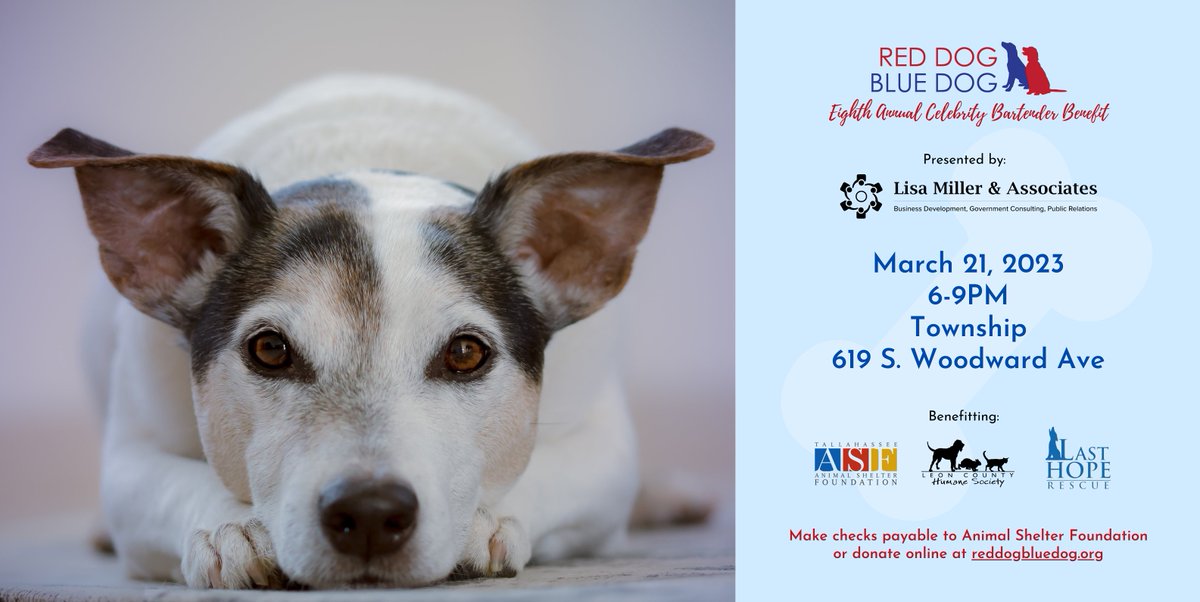 LisaMillerAssoc's tweet image. Help a dog by sharing a drink with a friend @TownshipTLH as Florida Legislators become celebrity bartenders for the night to compete to raise the most money in tips for local animal rescue efforts! Next Tuesday Night!! #dog #reddogbluedog #dogrescue @RDBDbenefit