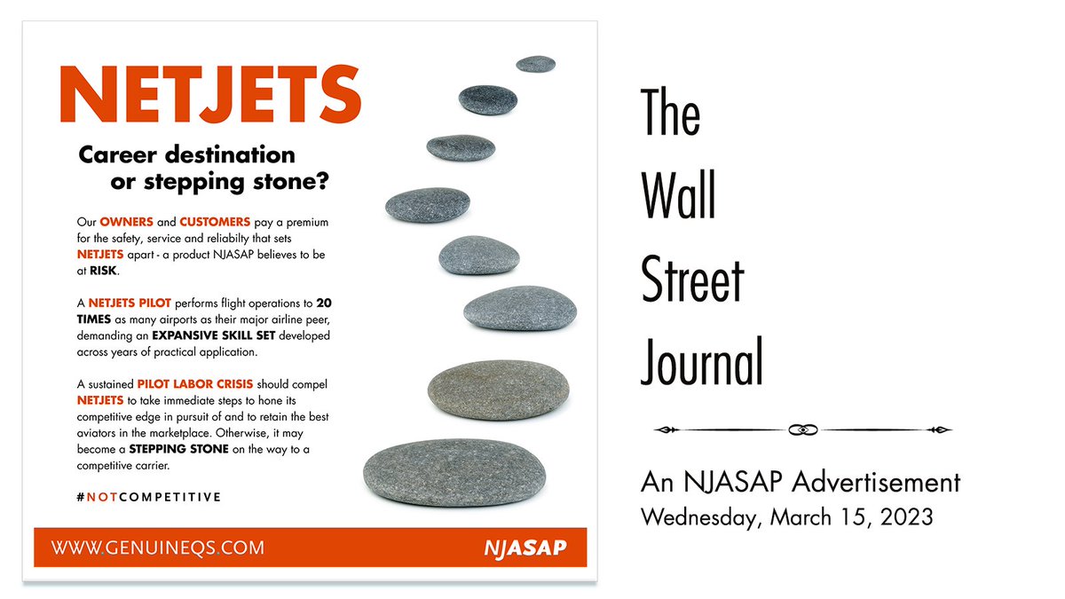NJASAP's tweet photo. For NetJets to maintain a pilot force with unmatched experience and proficiency in today’s increasingly competitive marketplace, it must take bold steps. Otherwise, it risks becoming a stepping stone for the next generation of aviators. More at https://t.co/YERGZKL7IL ... https://t.co/7gtFU9mla8