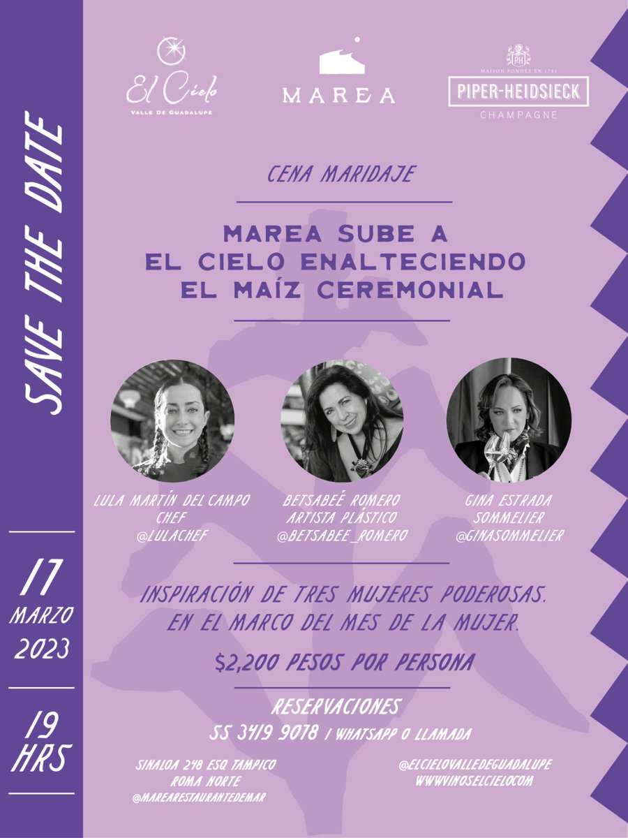 VinosElCielo's tweet photo. En el mes de la mujer te invitamos a esta gran cena maridaje, inspiración de 3 mujeres poderosas.
Acompaña a Gina Estrada, Embajadora Nacional de El Cielo, Lula Martín del Campo, Chef de Marea y Betsabeé Romero Artista Plástica.
.
.
.
Informes y reservaciones: 
553419 9078 https://t.co/Pwd4gTmUAw