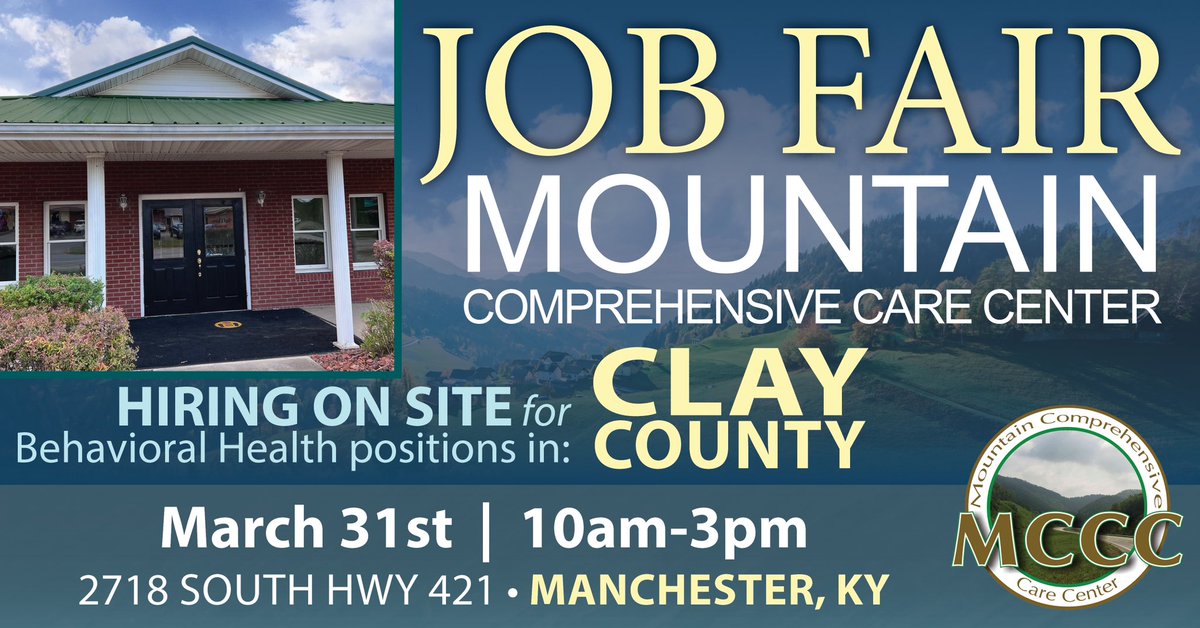 CLAY COUNTY - Are you searching for a rewarding career in Behavioral Health? MCCC is hosting a job fair on Friday, March 31st, 2023, 10AM-3PM at its Clay County Outpatient Clinic, 2718 South Hwy 421 in Manchester, KY. Heroes Work Here!
 
Learn more: fb.me/e/I7015jv5