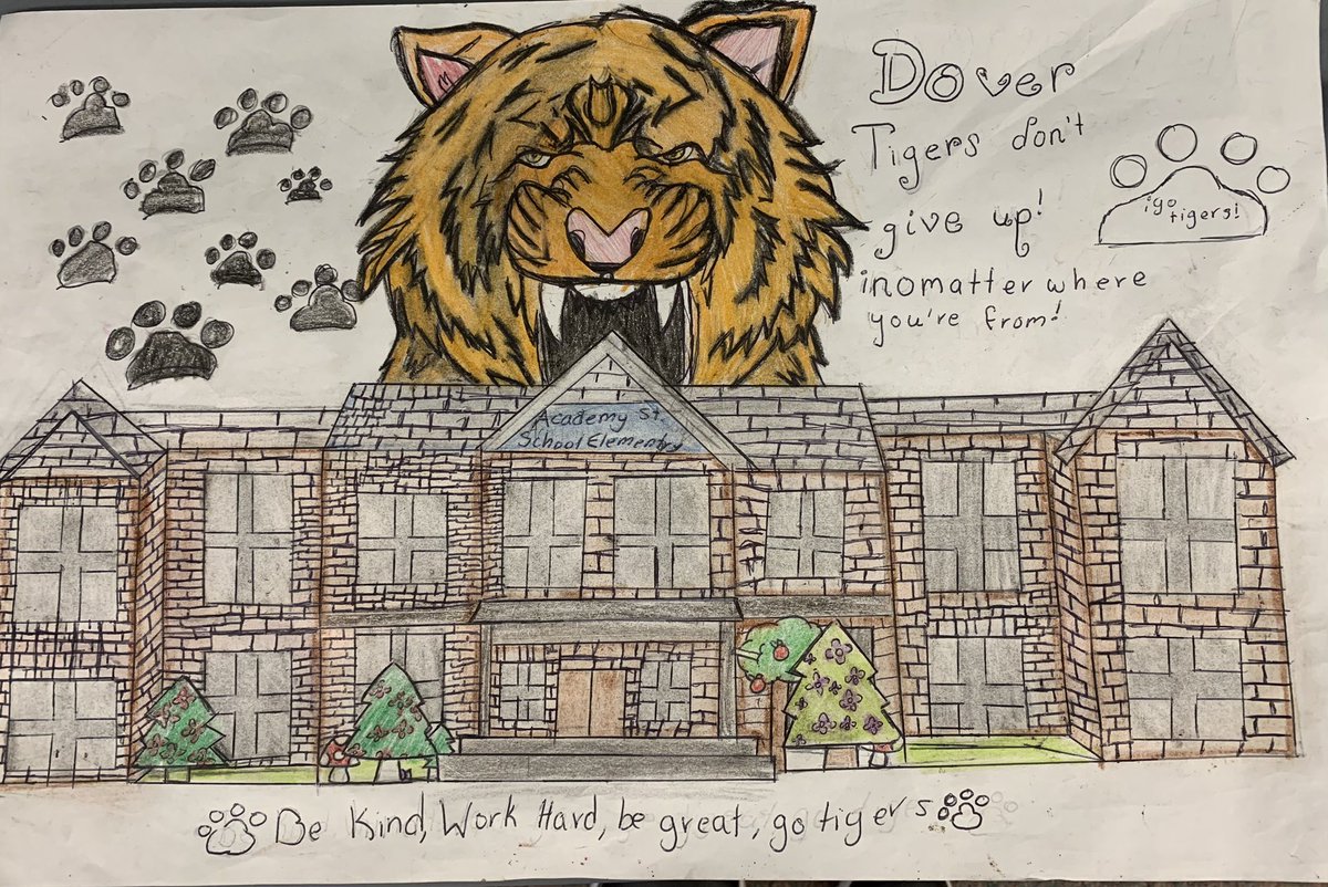Nick_EdwardsEDU's tweet photo. Our winner for our Enrichment School Flag Competition! We will get this beautiful piece of art designed on a real flag and hang this in our gymnasium! @AcademyStreetES @PublicDover #winner #flag #gotigers #bekindworkhardbegreat #acadeMYschool https://t.co/qiCgelgFXO