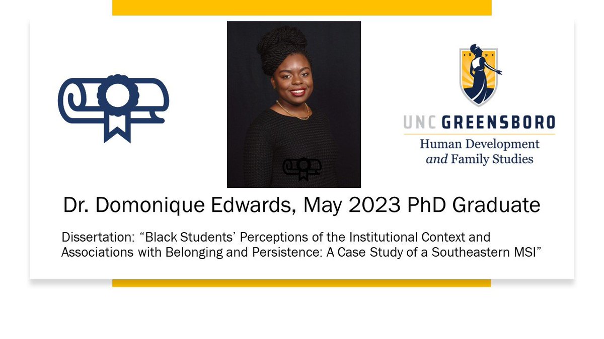 Congratulations to Dr. Domonique Edwards who successfully defended her dissertation, "Black Students’ Perceptions of the Institutional Context and Associations with Belonging and Persistence: A Case Study of a Southeastern MSI” today!