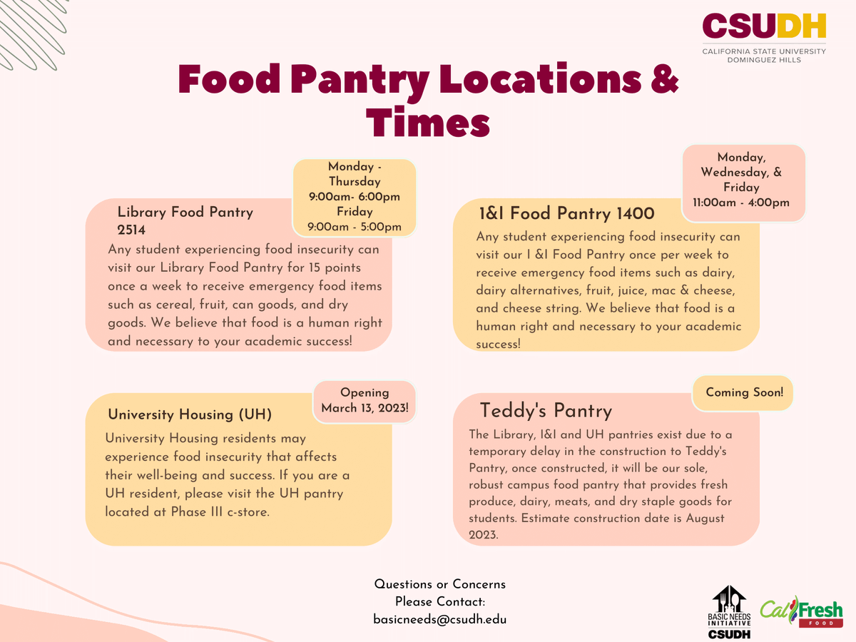 CSUDHLib's tweet image. The CSUDH Basic Needs Committee is currently operating 3 food pantries for our students on our campus and will be opening a 4th soon! If you&apos;re interested in helping out, see the information in the attached images!
