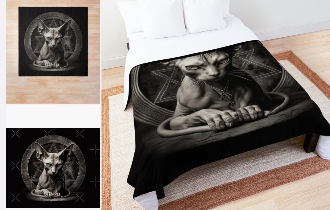 MooseDisco's tweet image. Transform your bedroom into a mystical palace with this Sphinx cat comforter! The perfect addition to any dark fantasy themed room. #SphinxCat #Magical #Pentagram #Fantasy #Decor #Mystical  #Bedding #WitchyVibes #WitchyHome 
redbubble.com/i/comforter/Sp…