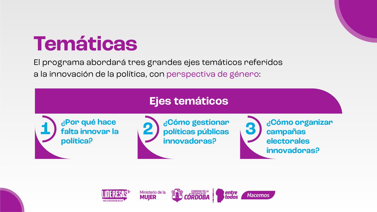 secdelamujercba's tweet photo. ‼️ INSCRIPCIONES ABIERTAS: INNOVACIÓN POLÍTICA PARA LIDERESAS

Hasta el 31 de marzo se podrán realizar las postulaciones. 

👏 Una iniciativa orientada a mujeres que se desempeñen como funcionarias, dirigentas empresariales o civiles, candidatas o integrantes de equipos técnicos. https://t.co/v592C3NlbH