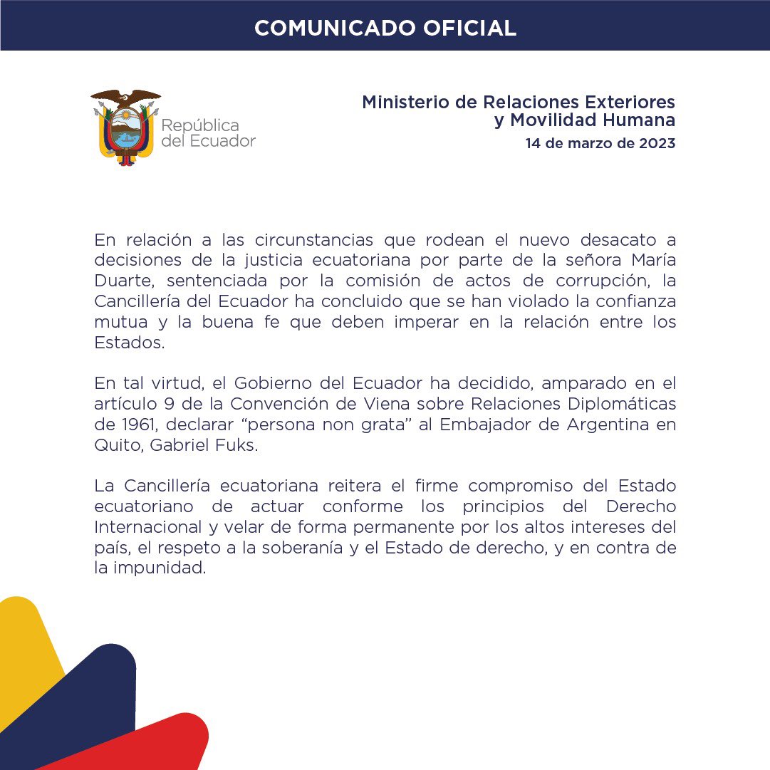 IpeNoticias's tweet photo. #MariaDuarte | 🇪🇨 Ecuador declaró persona no grata al embajador de #Argentina 🇦🇷 en #Quito debido a la fuga de la ex ministra del correísmo, pues se ha violado la confianza mutua y buena fe en la relación entre los estados https://t.co/qrLaLzas4d