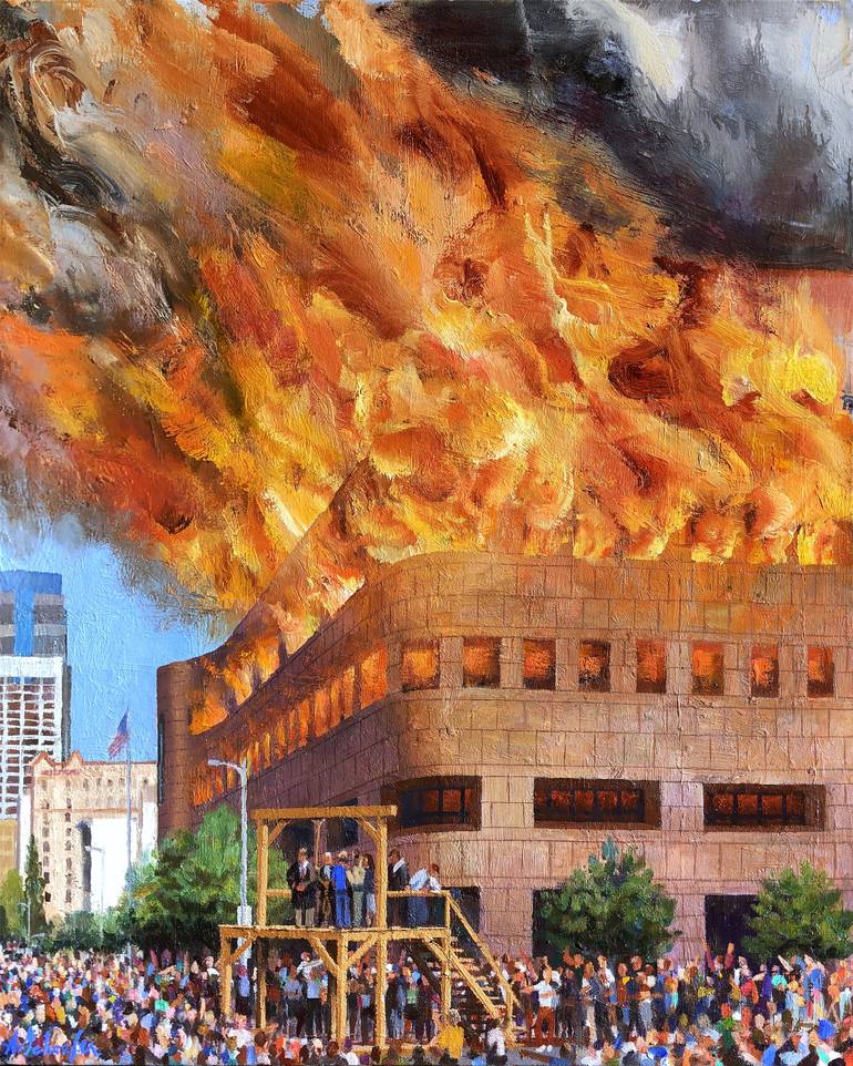 GENIC0N's tweet photo. Federal Reserve Bank of Los Angeles on fire with gallows in front, Alex Schaefer, 2022 https://t.co/zzEvFgly5F