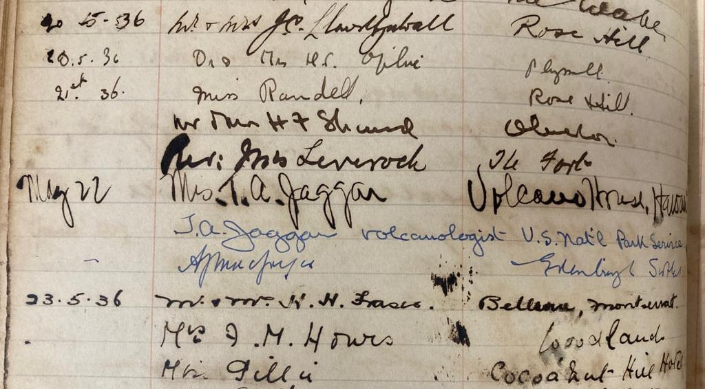 davidmpyle's tweet photo. Signed entries in guest books are such fun! Here are Isabel Maydwell (Mrs Jaggar), Thomas Jaggar (@Volcanoes_NPS) and Archie MacGregor (@BritGeoSurvey) meeting the Governor of #Montserrat in May 1936, during a @RoyalSociety expedition to the island. @abrakaren #CuratingCrises https://t.co/fuvvwf1yUx