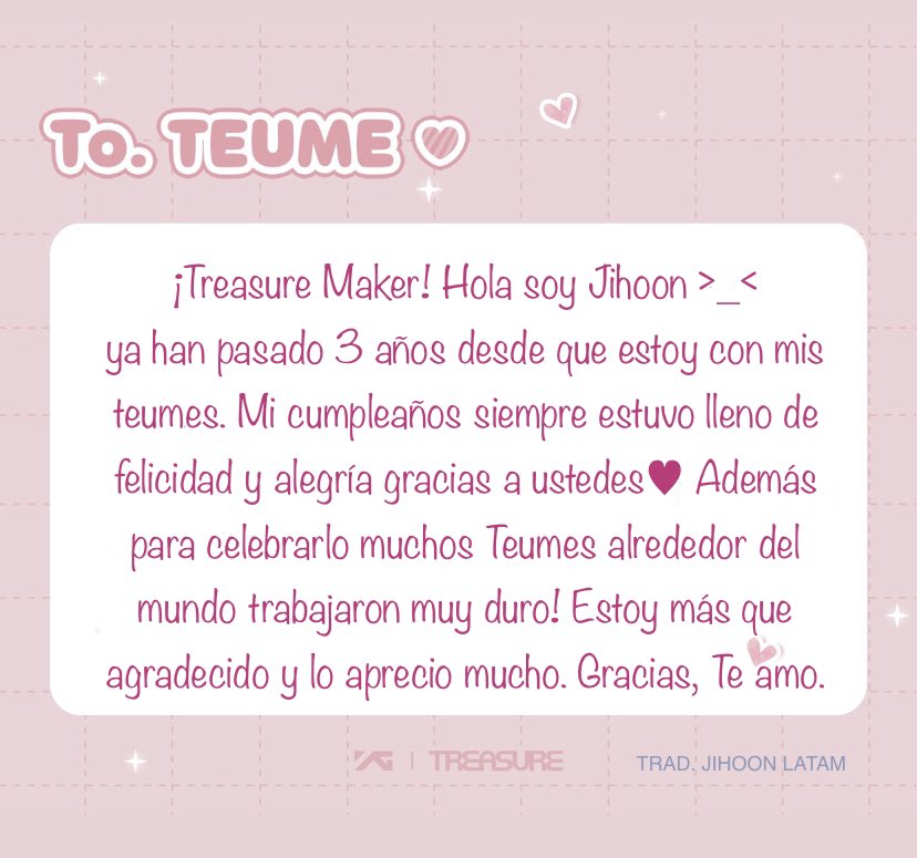 [Weverse] 14.03.2023
POST DE CUMPLEAÑOS  🏷️

Jihoon preparó este regalo para Teume💗 un marco de fotos y una carta muy especial (traducción de la carta en la foto) 

#JIHOON #지훈 #트레저 #ジフン
<a href="/treasuremembers/">TREASURE</a>