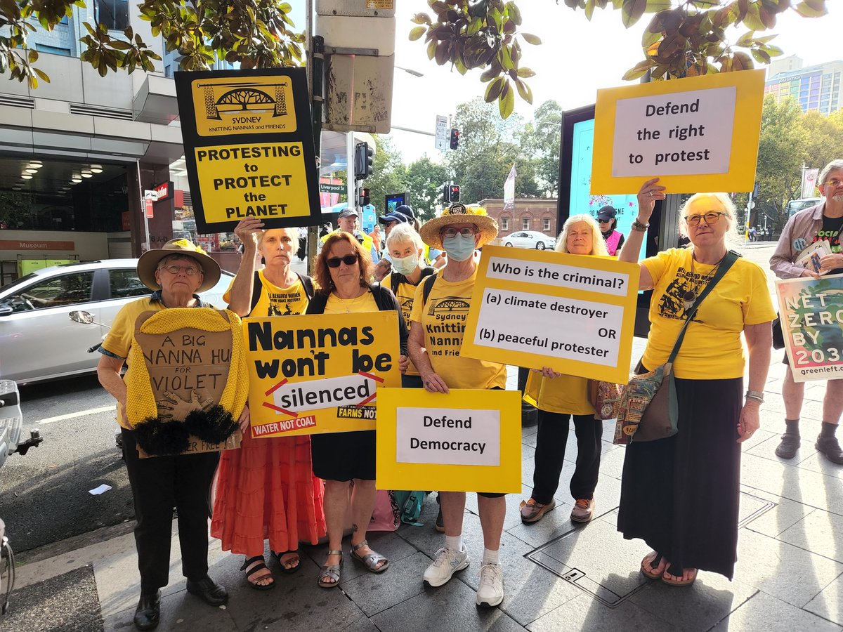 knitnannasSYD's tweet photo. Nannas today outside Downing Court protesting for the Right to Protest, re Violet Coco’s outrageous sentence based on Police false statements. She was vindicated, sentence overturned. Appropriate on 2nd anniversary of protesting women being told they’re lucky not to be shot. https://t.co/QuM6cCS9eN