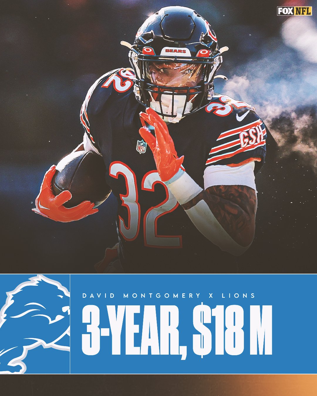 FOX Sports: NFL on X: The Lions are signing former Bears RB David  Montgomery to a 3-year deal worth $18M, per multiple sources.   / X