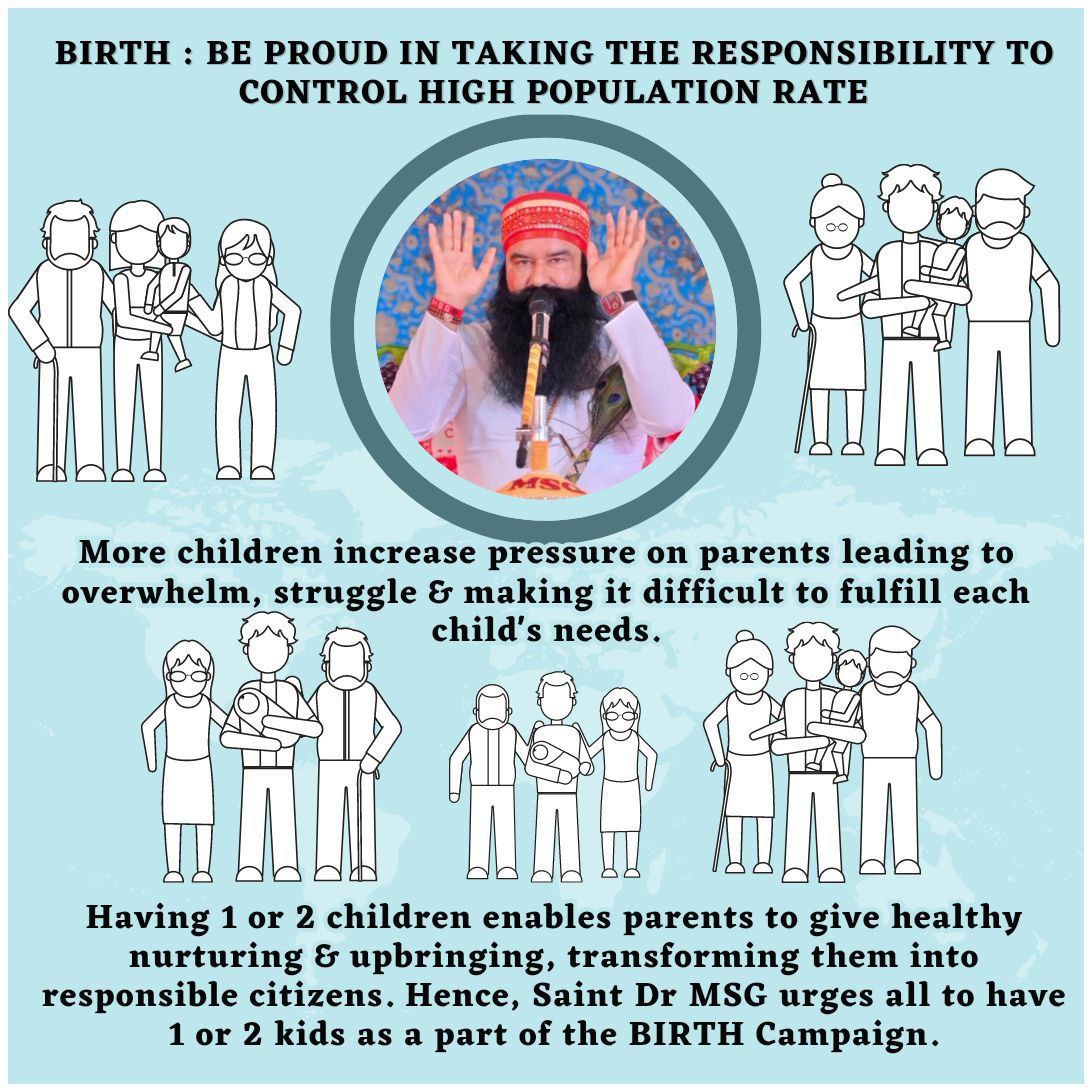 Anaya26145888's tweet photo. With the vision to control the ever growing population ,Saint Gurmeet Ram Rahim Ji has urged the people to have one child only (under the BIRTH Campaign) &amp; millions of dera followers have pledged for the same.
#ContentWithOne https://t.co/11smPSEX3D