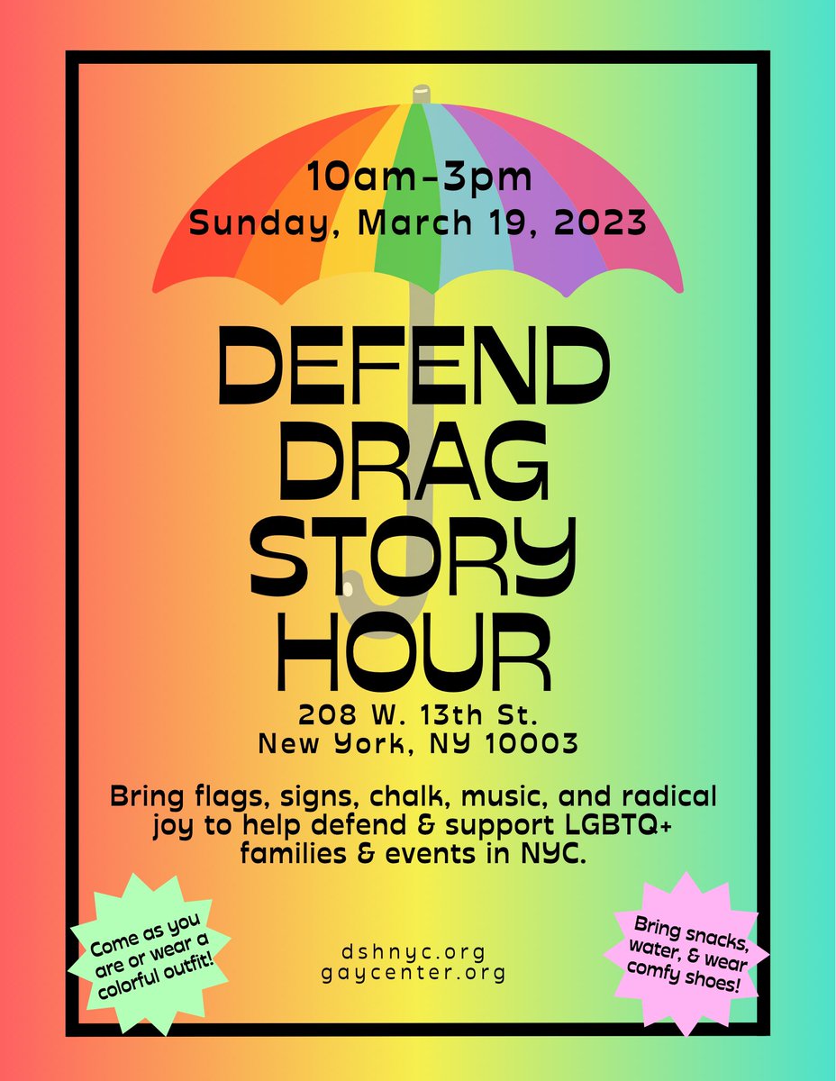 taliaotg's tweet photo. Just rec’d more flyers calling for people to “help defend &amp; support LGBTQ+ families &amp; events in NYC!”

Sunday, March 19th, Drag Story Hour NYC is hosting a read-a-thon with @NewYorkStateAG. The event has drawn outrage by far right conspiracy theorists, transphobes, &amp; extremists. https://t.co/kEUCCacdpD