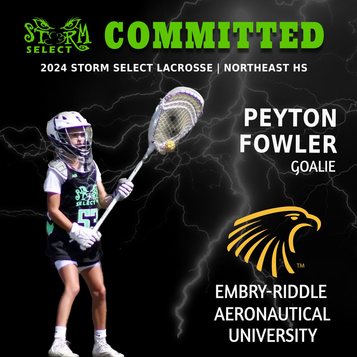 Commitment Alert 🚨

Congrats to our amazing 2024 Goalie Peyton Fowler on her verbal commitment to stay in Florida and play collegiate lacrosse at Embry-Riddle!
•
BIG things ahead for you Peyton!  We cannot wait to watch you soar as an @erau_wlax Eagle!