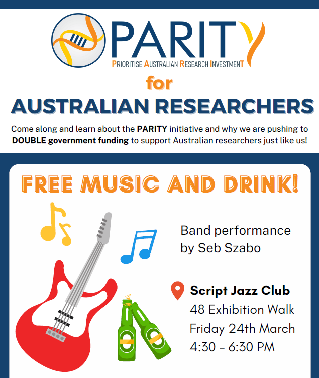 👋👋Attention Monash Researchers!
You're invited to our launch event Friday March 24.
🍻🍷🎸🎶
🔗RSVP to secure your FREE drink: docs.google.com/forms/d/e/1FAI…

<a href="/MonashBDI/">Monash Biomedicine Discovery Institute</a> <a href="/MonashBiol/">School of Biological Sciences, Monash</a> <a href="/MonashImmunol/">Monash University STM Department of Immunology</a> <a href="/NOTDRS_Monash/">NOTDRS</a> #PARITY_AU #SaveResearch