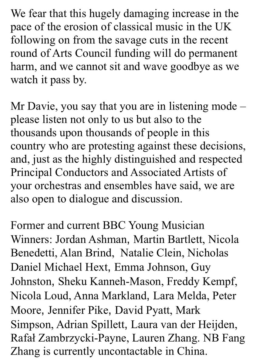 Past & current winners of BBC Young Musician have organised a letter about the cuts to @BBCCO @BBCPhilharmonic @BBCSO @BBCSingers We profoundly disagree with the cuts-they cannot be allowed to happen. Please RT widely. @ISM_music @KevinBrennanMP @dailytelegraph @HarrietHarman