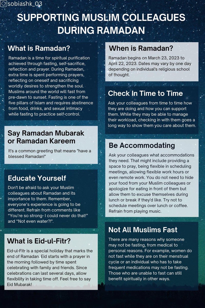 annesahj's tweet photo. Supporting Muslim Colleagues (and students) During Ramadan:

(Graphic credit to sobiashk_03 on Instagram) https://t.co/uahbp2e5AY