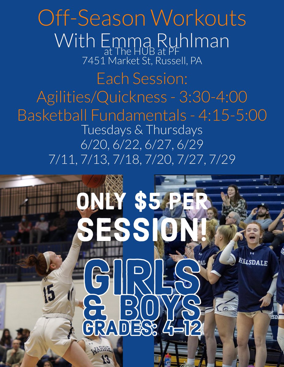 Mark you calendars now! 📅
💪🏀Off-Season Sessions🏀💪
Grades 4-12 (catered to your skill level!)
Come join the fun in these group sessions! 

Individual Sessions also available!
email me if interested: emmaruhlman@gmail.com