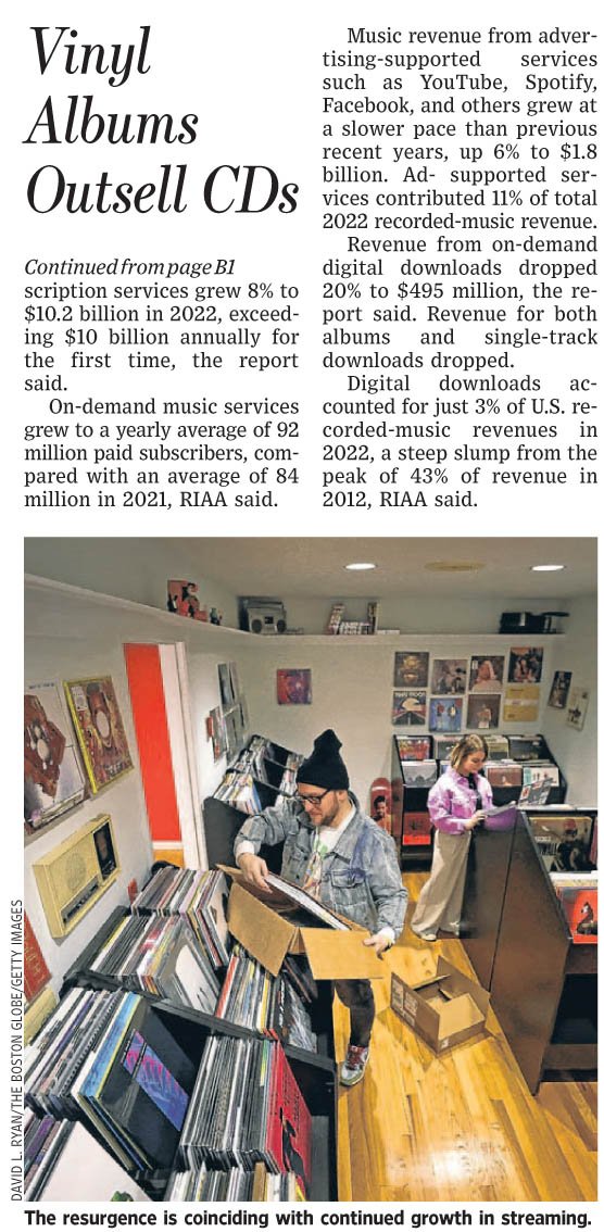 About 41 million vinyl albums were sold in 2022, compared to about 33 million CDs, according to a @RIAA music industry report released last week, reports @GingerOtis for @WSJ.

wsj.com/articles/vinyl…