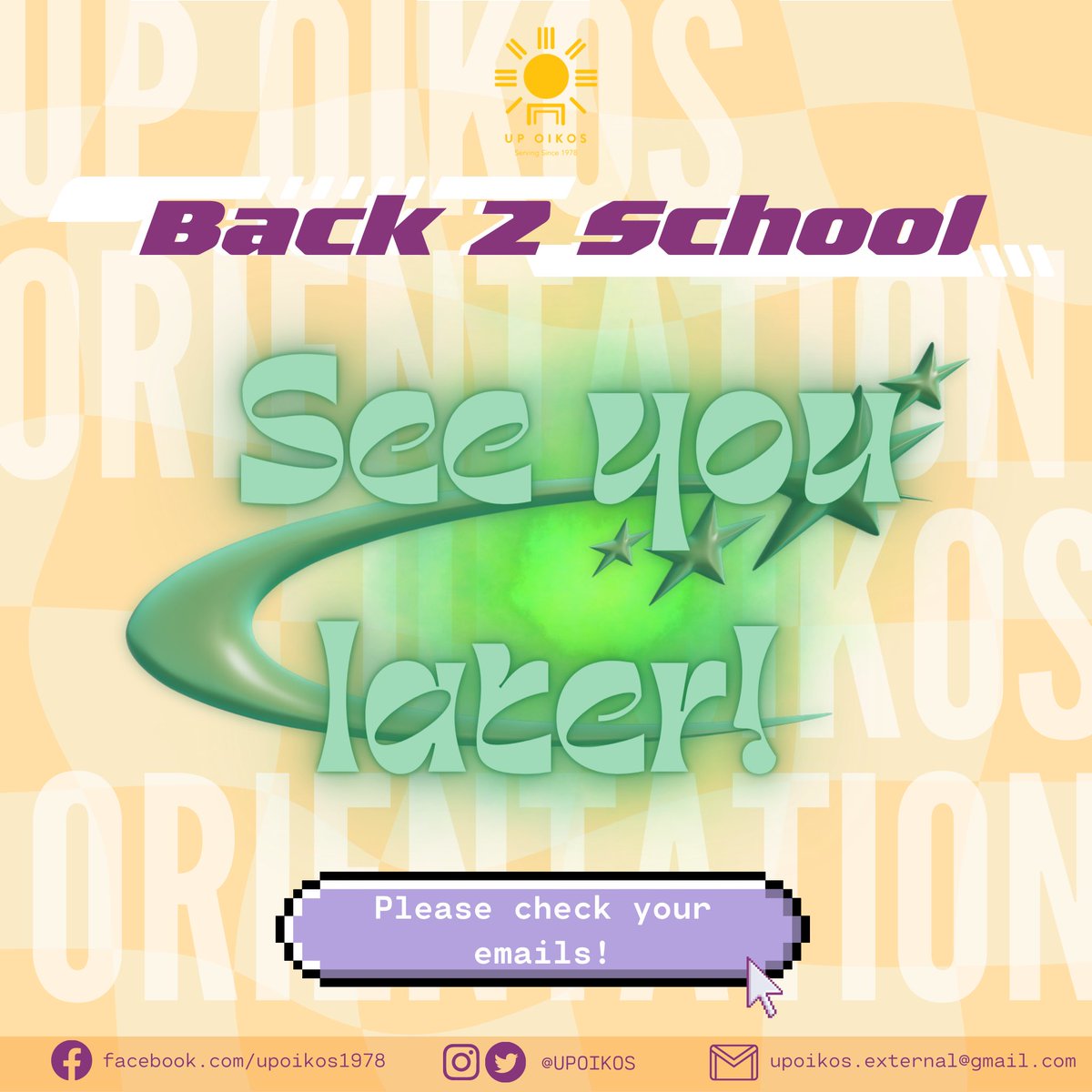 UPOIKOS's tweet photo. In a few more hours, we are finally having the UP OIKOS’ Back2School Orientation! Let’s have some fun at the Jollibee Vega, at 7 pm.

Reminder to all orientees; please check your emails or spam emails for the event confirmation mail :)) See you there! Don’t be late! 

UP OIKOS ☀️ https://t.co/3Pjtrs0I1M