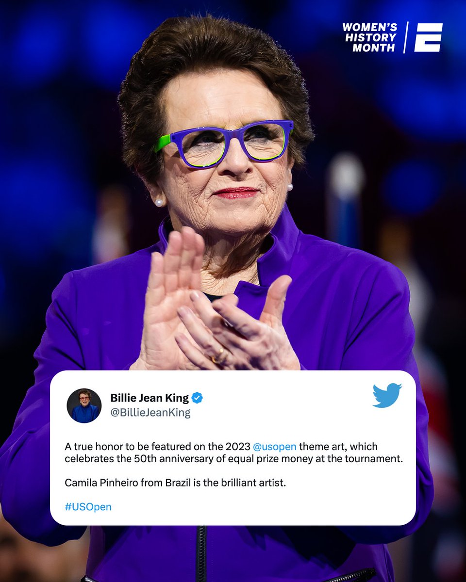 espnW's tweet photo. 50 years ago, the US Open became the first sporting event in history to offer equal prize money for men and women competitors 🙌

(via @BillieJeanKing, @usopen) https://t.co/qWEv1WBekk