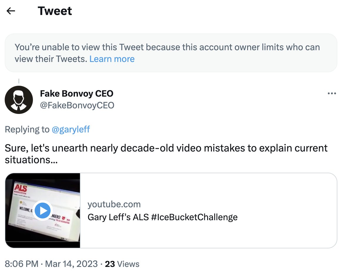 FakeBonvoyCEO's tweet photo. lol @garyleff can't handle criticism. This was a cringe video from Gary but he claimed to have donated nicely to ALS so why so offended? 

cc: @TravelFake @FlyerTalkerinA2

https://t.co/RsXznYylbT https://t.co/nDN30oxak4