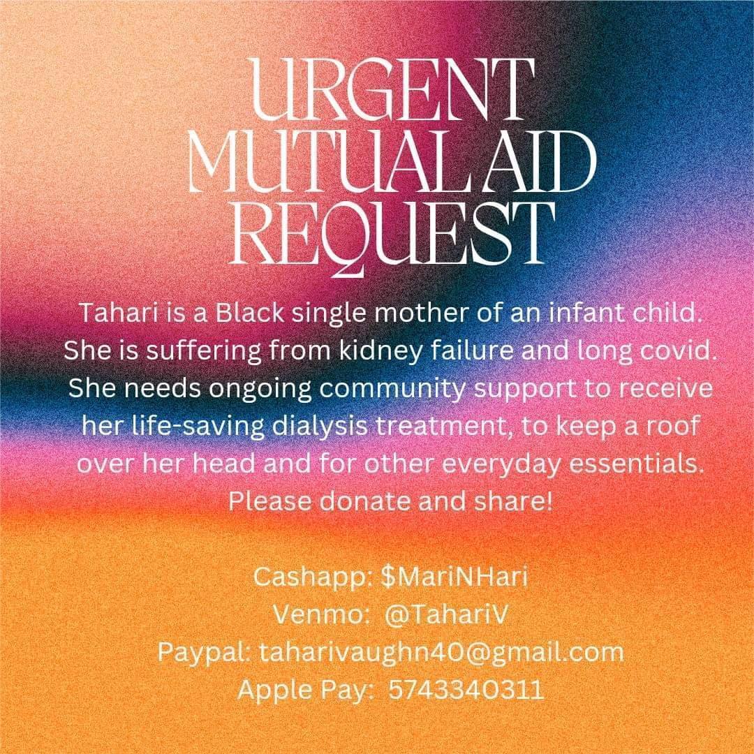 Tahari Black mother suffering from kidney failure last night she had to go to the ER and she needs 35 for medication We are at 10
#generalstrike #mutualaid #emergency #fyp  #solidarite #Solidarity #1u  #EnoughlsEnough #UnionStrong #daywithoutus #inflation #economy  #recession