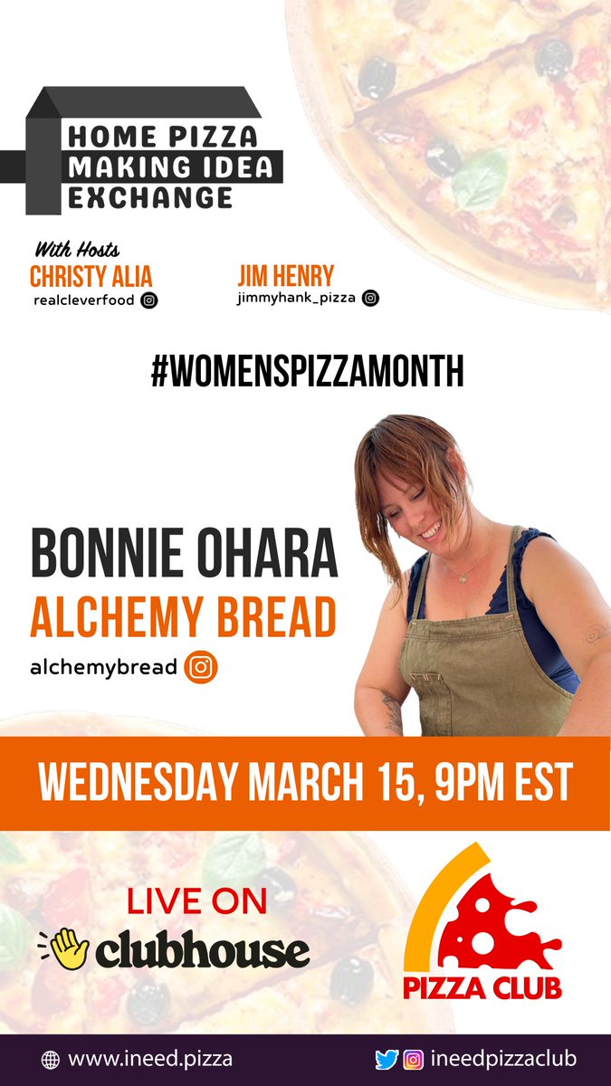 This week on the Home Pizza Making Idea Exchange we will be chatting with Bonnie Ohara from Alchemy Bread.  Be sure to listen to our live audio conversation Wednesday, March 15 at 9pm EST in the Pizza Club on the Clubhouse app.

clubhouse.com/event/xB3j7dQ4…

#womenspizzamonth