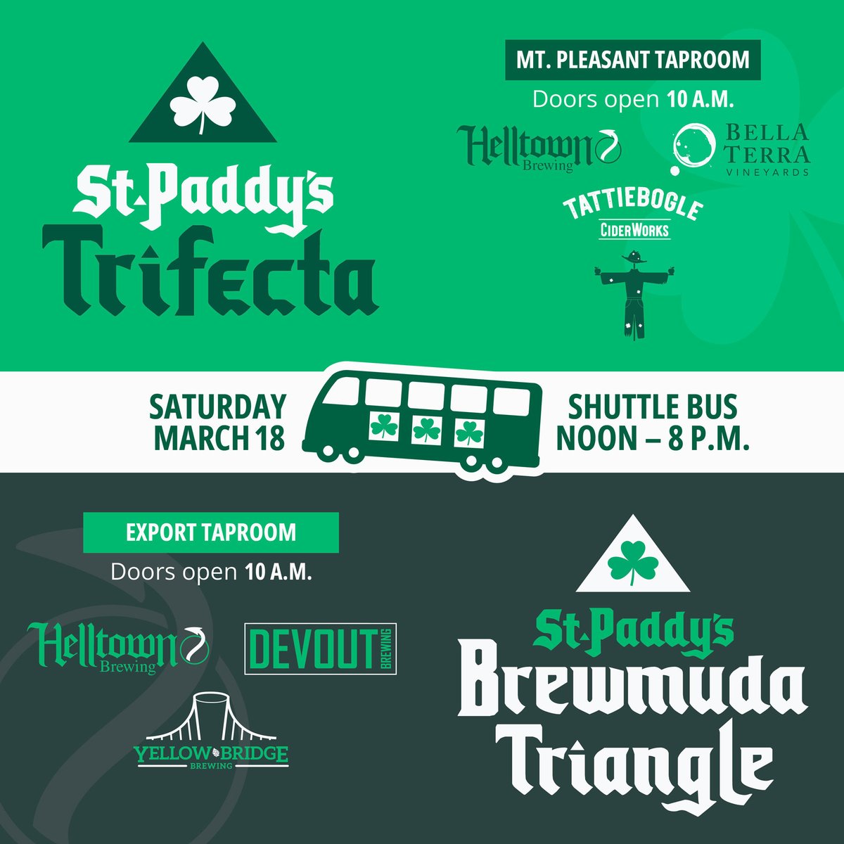 Helltown Brewing (@helltownbrewing) on Twitter photo The St. Paddy's Brew Tours are back at Export & Mt. Pleasant! Join us at either location, hop on the bus, let us shuttle you around town to experience some of the best brews the area has to offer <a href="/DevoutBrewing/">Devout Brewing</a> <a href="/ybbrewing/">yellowbridgebrewing</a> ☘️ This is not a ticketed event-shuttle service is FREE! The St. Paddy's Brew Tours are back at Export & Mt. Pleasant! Join us at either location, hop on the bus, let us shuttle you around town to experience some of the best brews the area has to offer <a href="/DevoutBrewing/">Devout Brewing</a> <a href="/ybbrewing/">yellowbridgebrewing</a> ☘️ This is not a ticketed event-shuttle service is FREE!