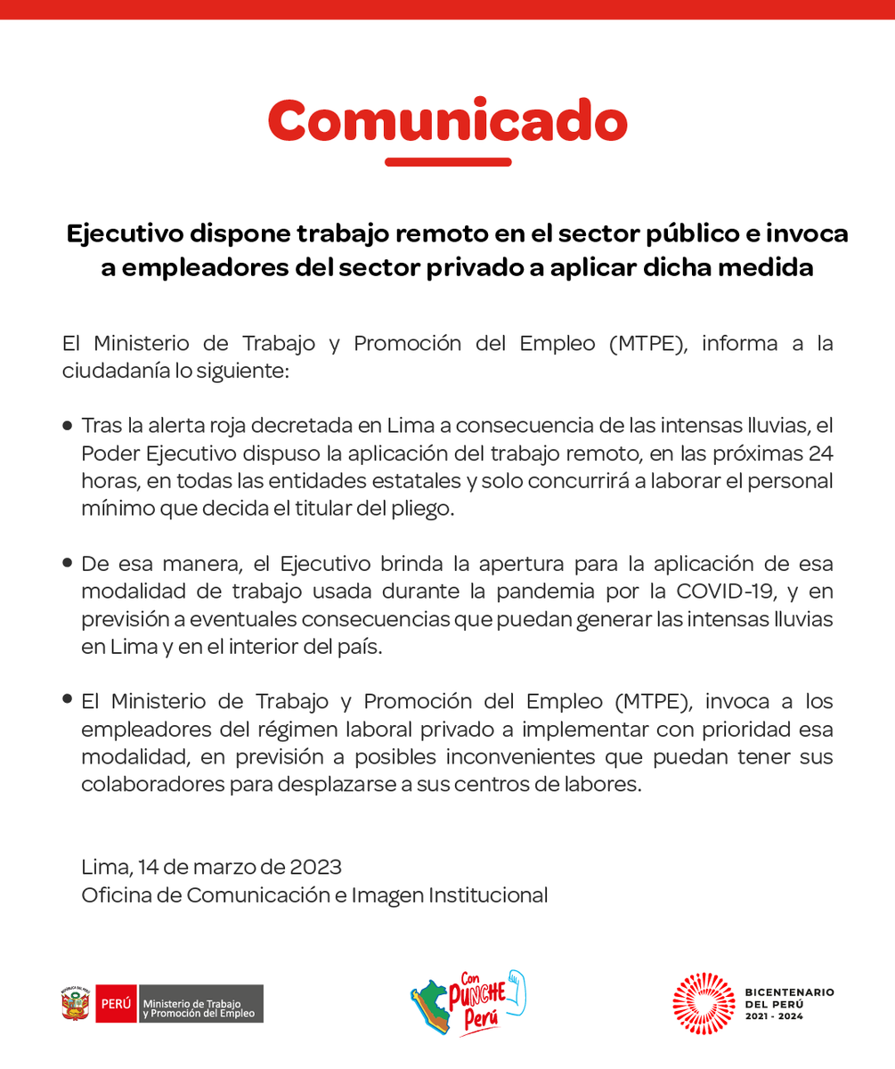 MTPE_Peru's tweet photo. 📄 Ejecutivo dispone trabajo remoto en el sector público e invoca a empleadores del sector privado a aplicar dicha medida. https://t.co/5GEIbMJyZO