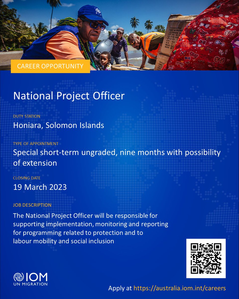 IOMSolomons's tweet photo. 📢 Vacancy | IOM Solomon Islands 🇸🇧

Recruiting for a National Project Officer.

Apply today👉 https://t.co/L0XiIOeQjI https://t.co/YnDO9q3xns